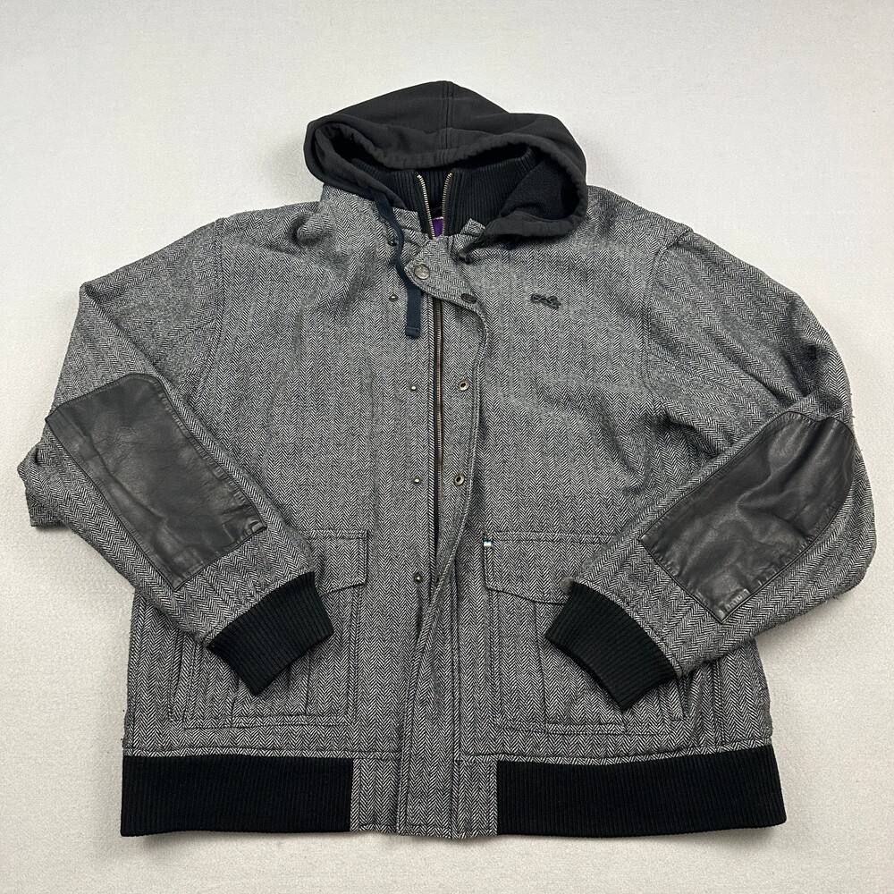 AKOO Jacket Men 3XL Gray Herringbone Leather Elbow Patch Hooded Bomber Coat XXXL